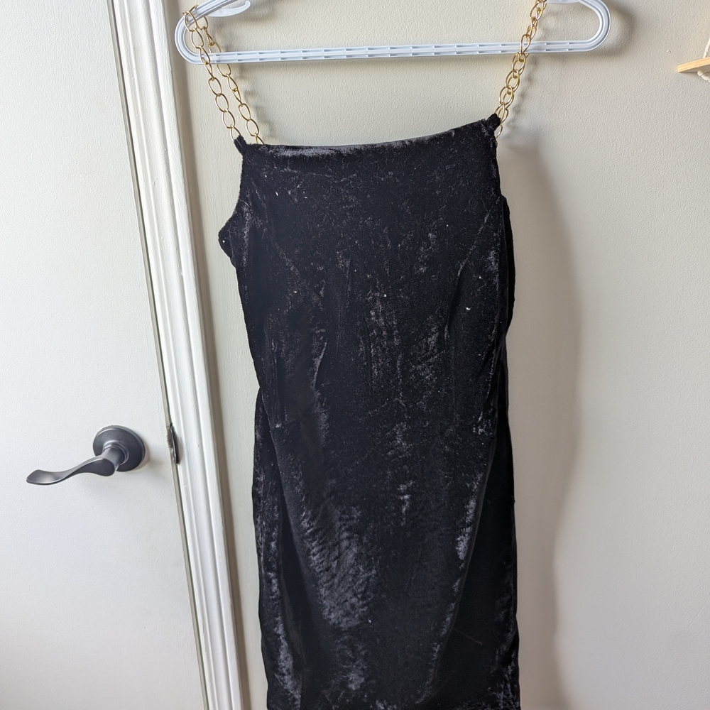 NWOT Black Velvet Dress with Gold Chain Straps